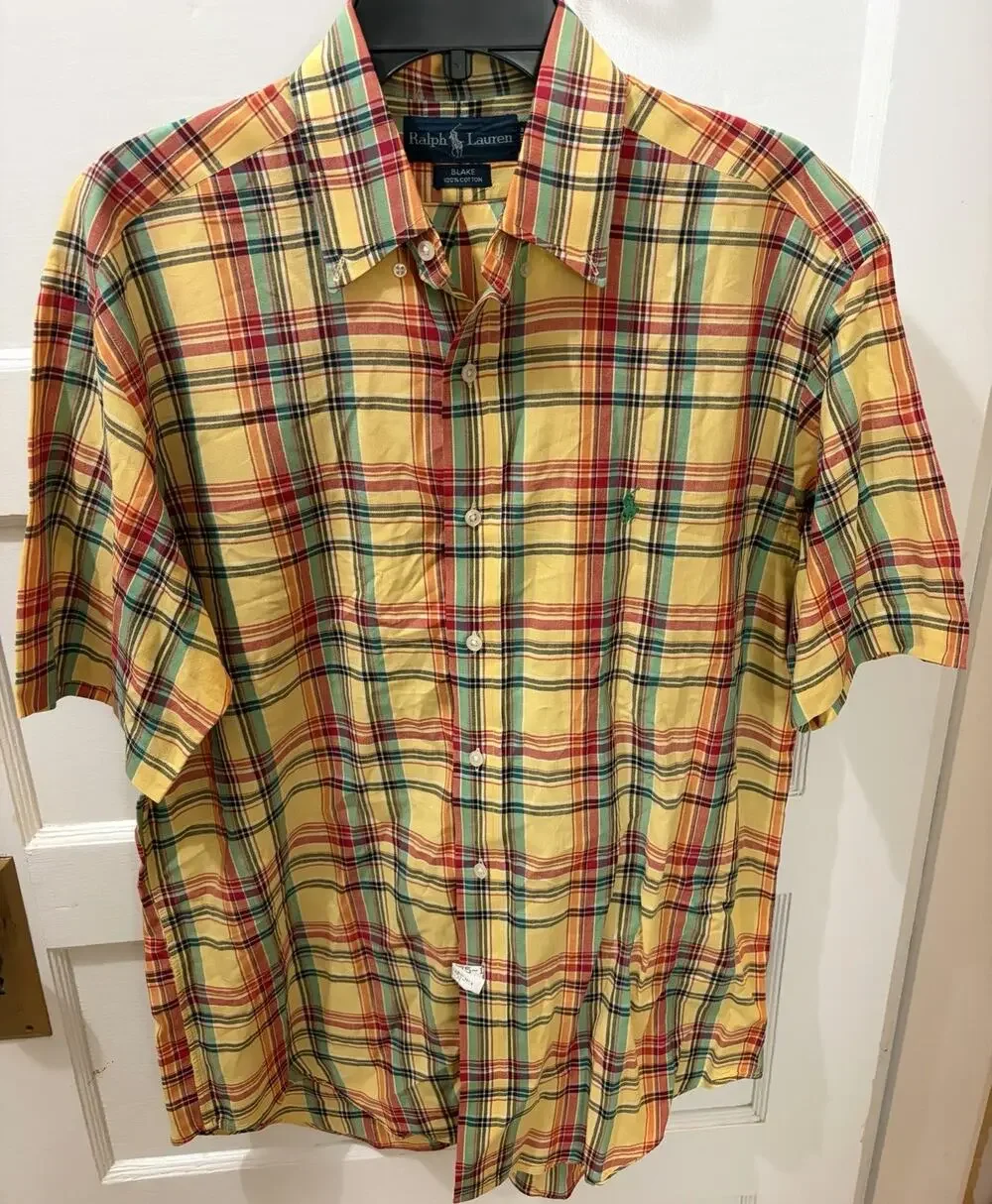 Polo Ralph Lauren Shirt Mens Medium Button Up Yellow Blue Red Plaid Blake 90s